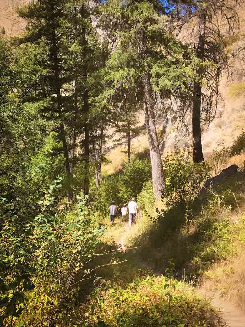 Three people hiking in the Frank Church River of No Return Wilderness during a Main Salmon River whitewater rafting vacation in Idaho.