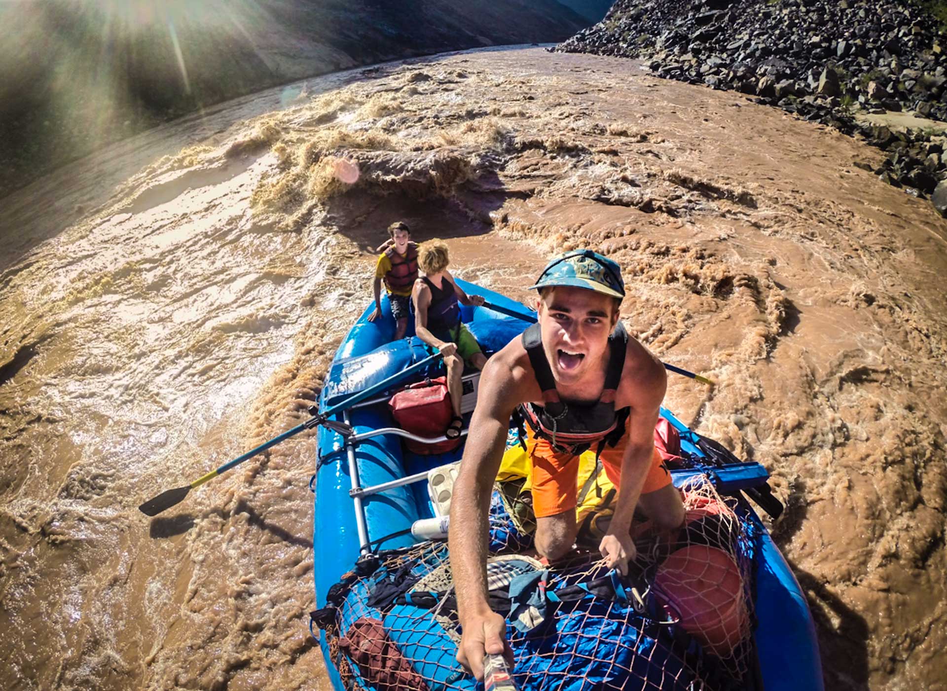 Selfie of group while rafting on the Colorado River during a river gear rental trip in the Grand Canyon in Arizona.