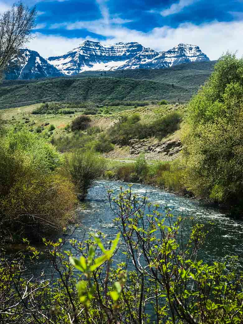 The Provo River with Mount Timpanogos near Provo, Orem and Park City Utah.